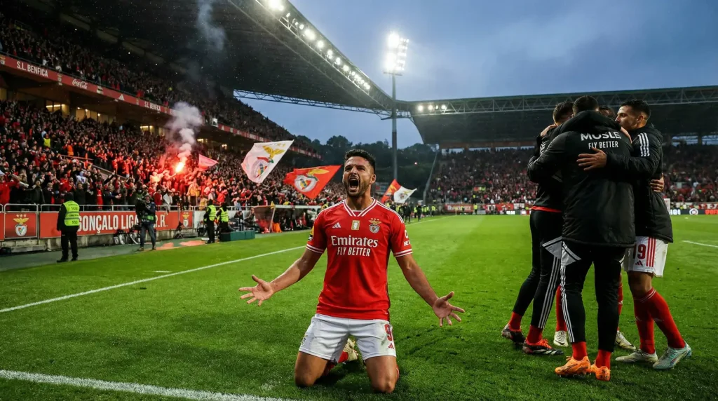 Delantero celebrando gol en la Liga Portugal - apuestas pichichi